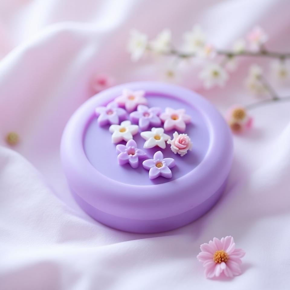Jabón violeta con motivos florales en el centro